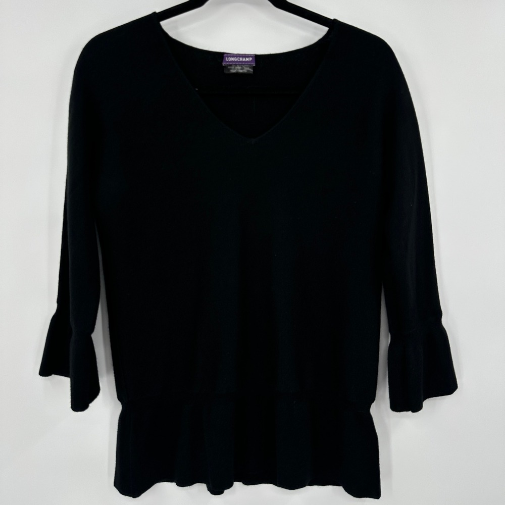 Longchamp Black V Neck Bell Sleeve Ruffle‎ Hem Sweater Size 38 Merino Wool Blend